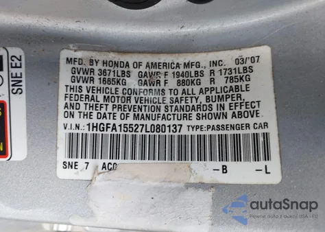 2007 Honda Civic Lx из США, поврежденный, VIN 1HGFA15527L080137